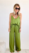 Silky Fringe Italian Palazzo Pants - Apple Green-170 Bottoms-Tempo-Coastal Bloom Boutique, find the trendiest versions of the popular styles and looks Located in Indialantic, FL