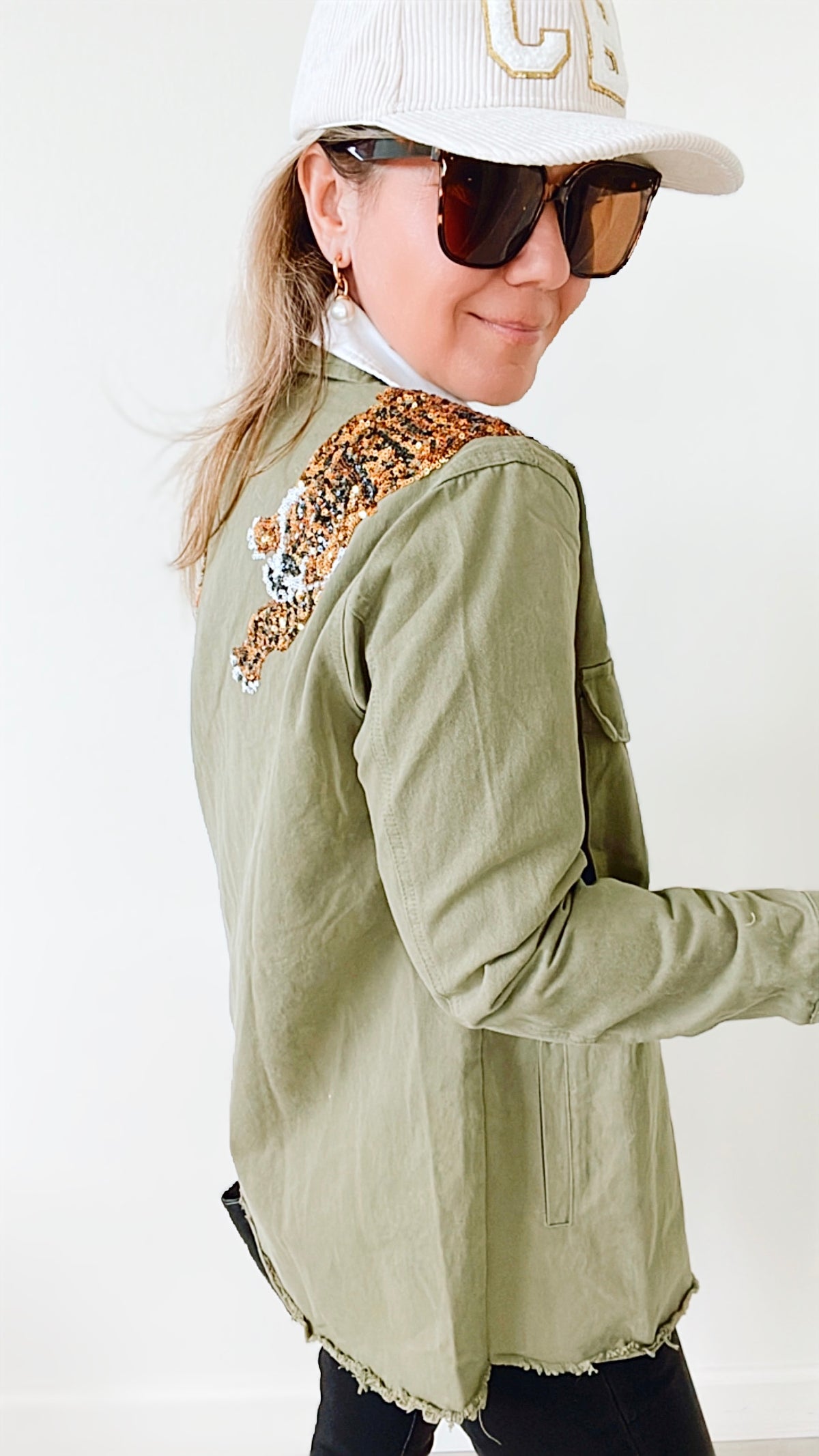 Wild Sequin Cargo Jacket - Olive Drab-160 Jackets-Blue B-Coastal Bloom Boutique, find the trendiest versions of the popular styles and looks Located in Indialantic, FL