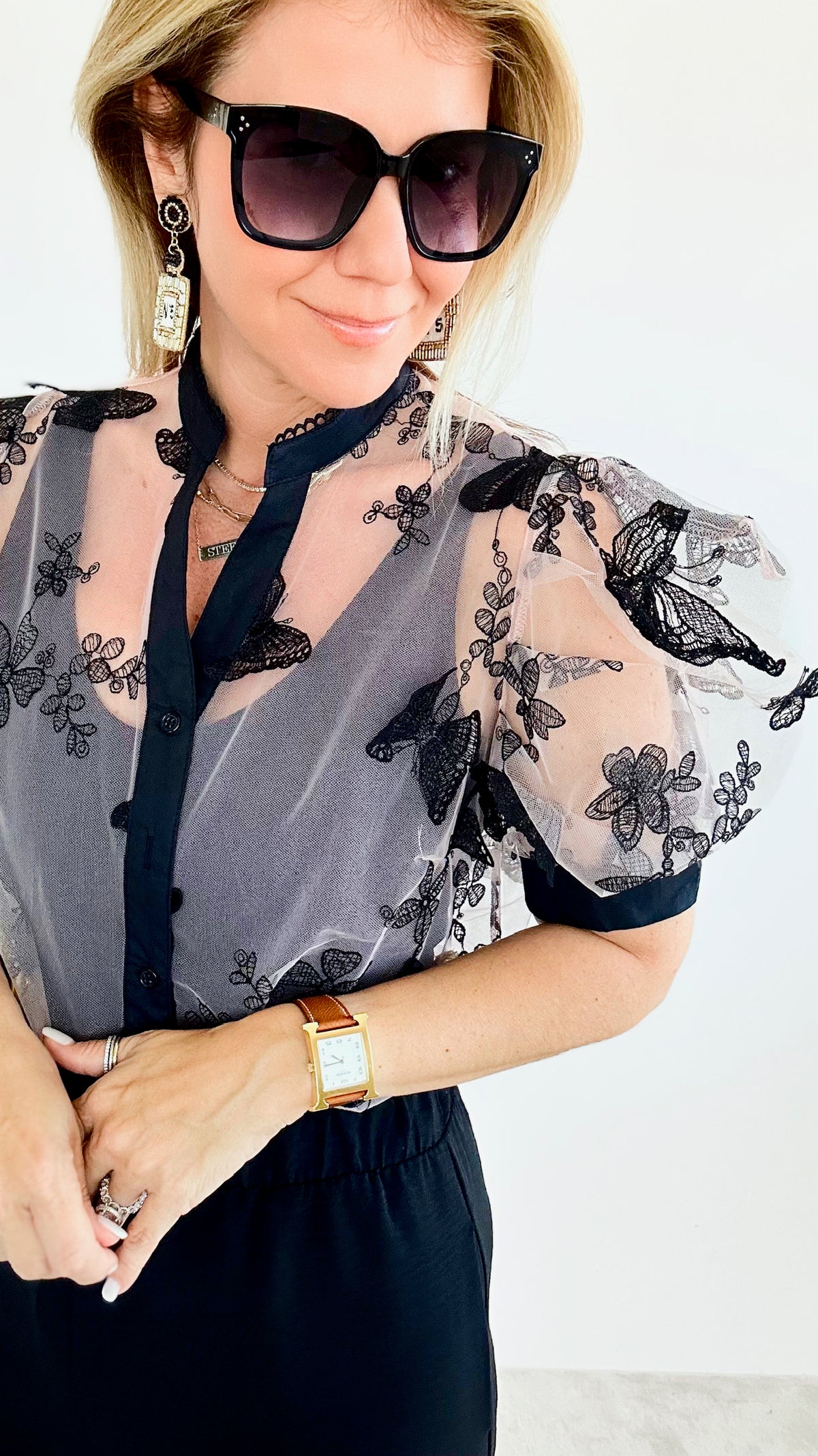 Butterfly Sheer Button Blouse-110 Short Sleeve Tops-pastel design-Coastal Bloom Boutique, find the trendiest versions of the popular styles and looks Located in Indialantic, FL