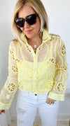Sunny Days Button Down Crochet Shirt - Yellow-130 Long Sleeve Tops-pastel design-Coastal Bloom Boutique, find the trendiest versions of the popular styles and looks Located in Indialantic, FL