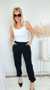 Ruched Band Italian Cargo Joggers - Black-170 Bottoms-Germany-Coastal Bloom Boutique, find the trendiest versions of the popular styles and looks Located in Indialantic, FL