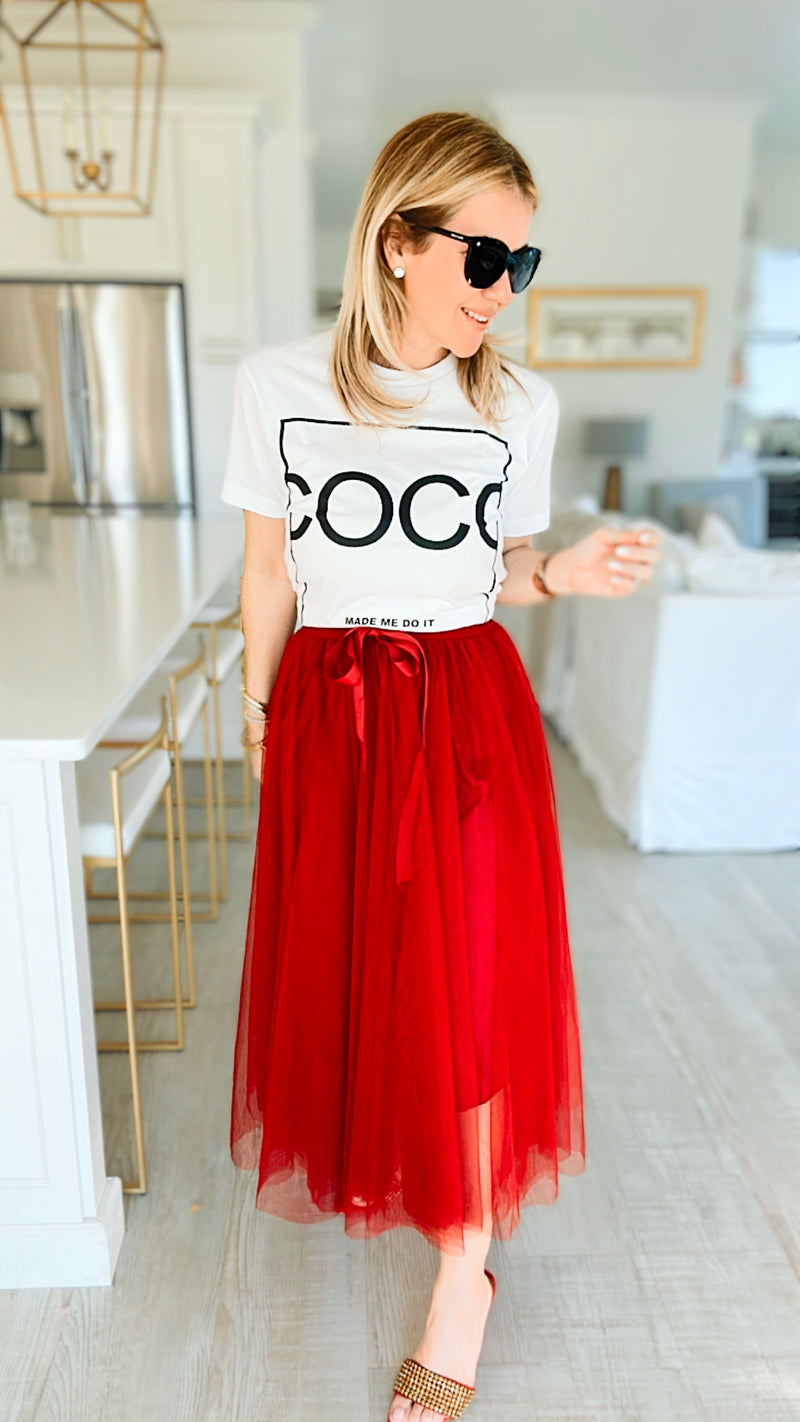 The Met Tulle Midi Skirt - Scarlet Red-170 Bottoms-Taba Stitch-Coastal Bloom Boutique, find the trendiest versions of the popular styles and looks Located in Indialantic, FL