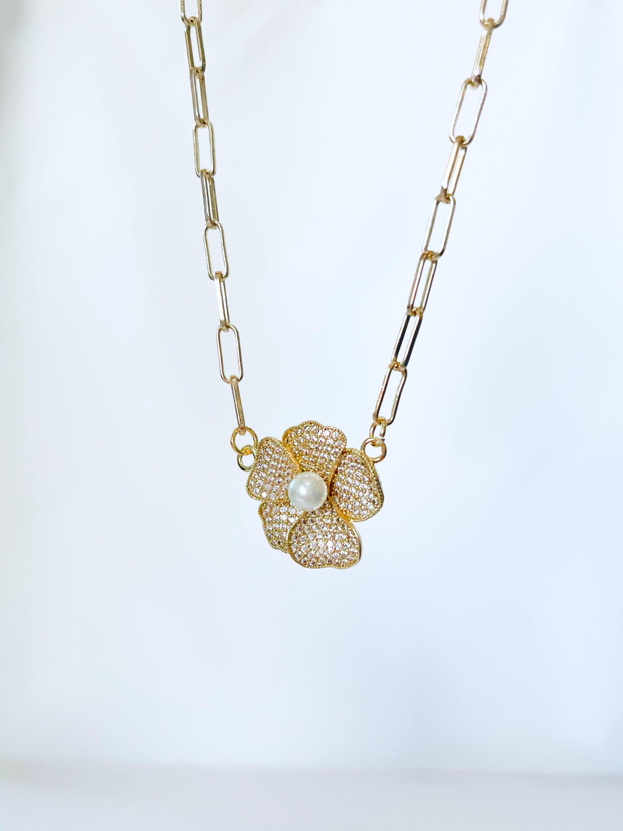 Micropave Pearl Rose Paperclip Necklace-230 Jewelry-Italian Ice/Wona-Coastal Bloom Boutique, find the trendiest versions of the popular styles and looks Located in Indialantic, FL
