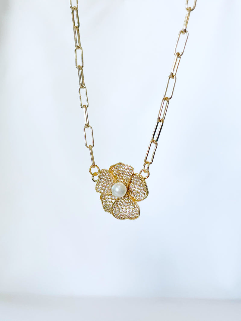 Micropave Pearl Rose Paperclip Necklace-230 Jewelry-NYW-Coastal Bloom Boutique, find the trendiest versions of the popular styles and looks Located in Indialantic, FL