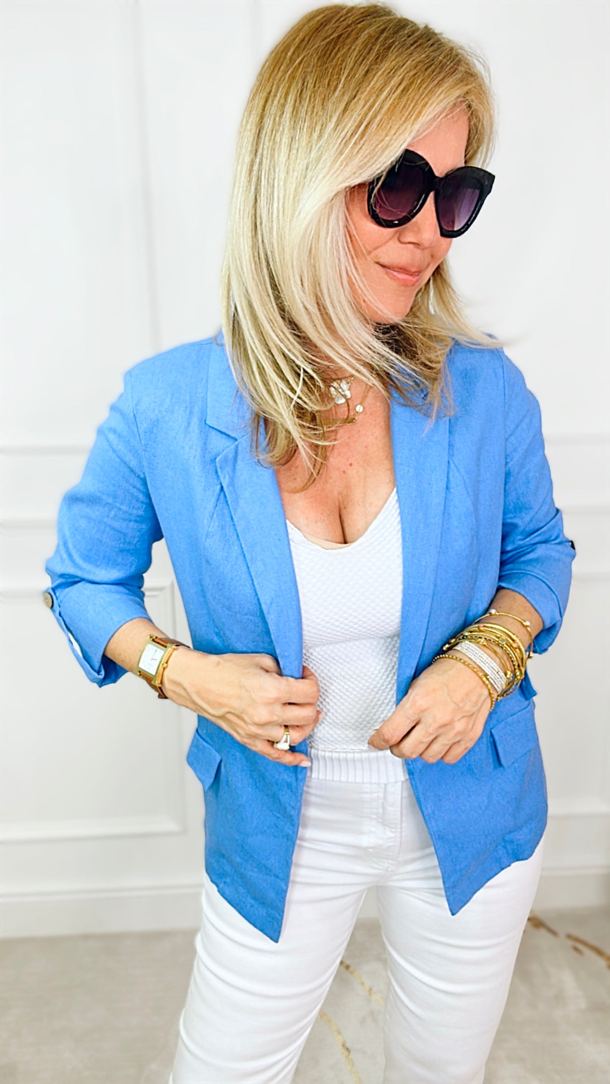 Blainville Linen Blend Blazer - Blue-160 Jackets-Love Tree Fashion-Coastal Bloom Boutique, find the trendiest versions of the popular styles and looks Located in Indialantic, FL