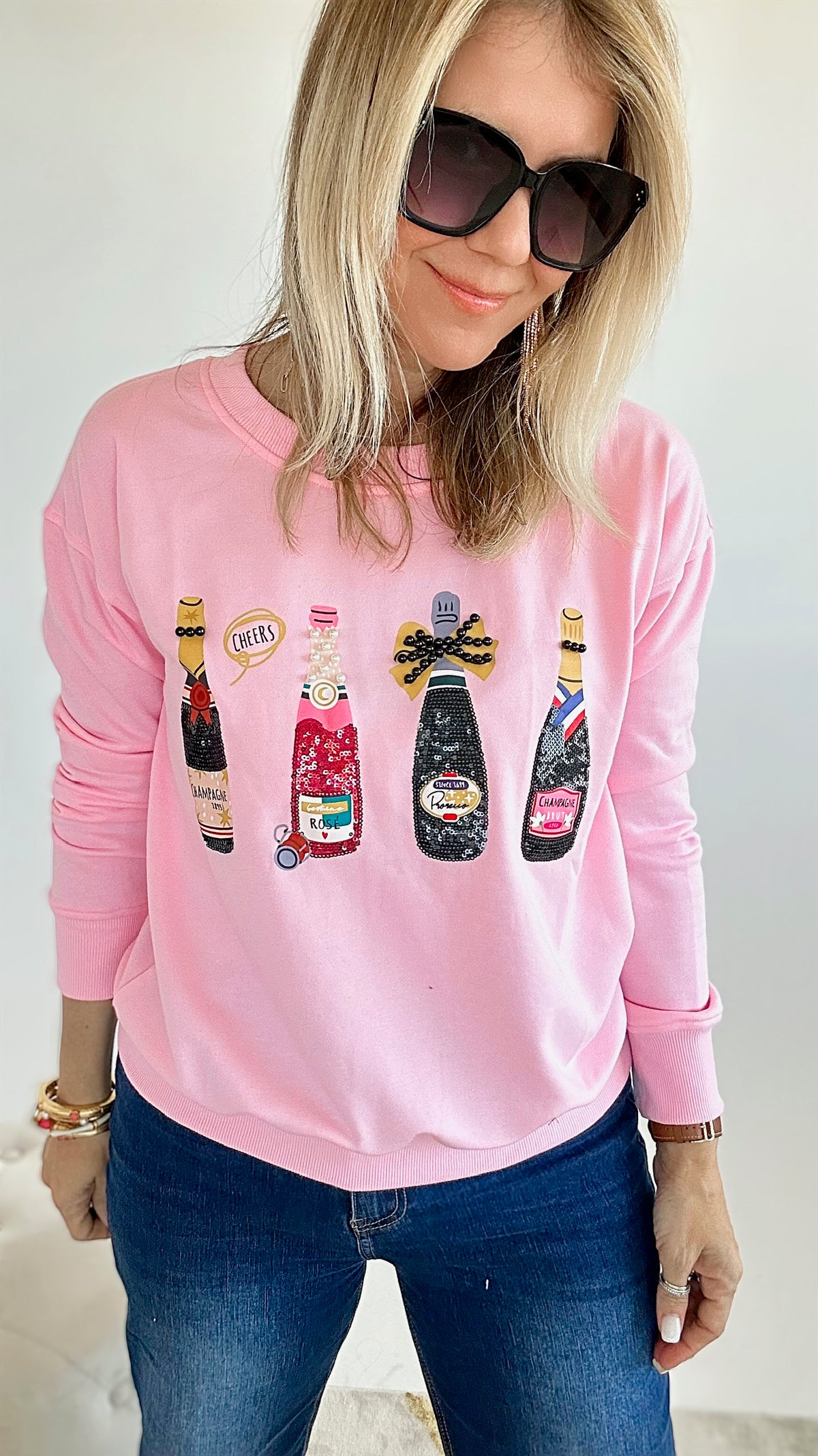 Champagne Obsessed Sweatshirt - Pink-130 Long Sleeve Tops-Why Dress-Coastal Bloom Boutique, find the trendiest versions of the popular styles and looks Located in Indialantic, FL