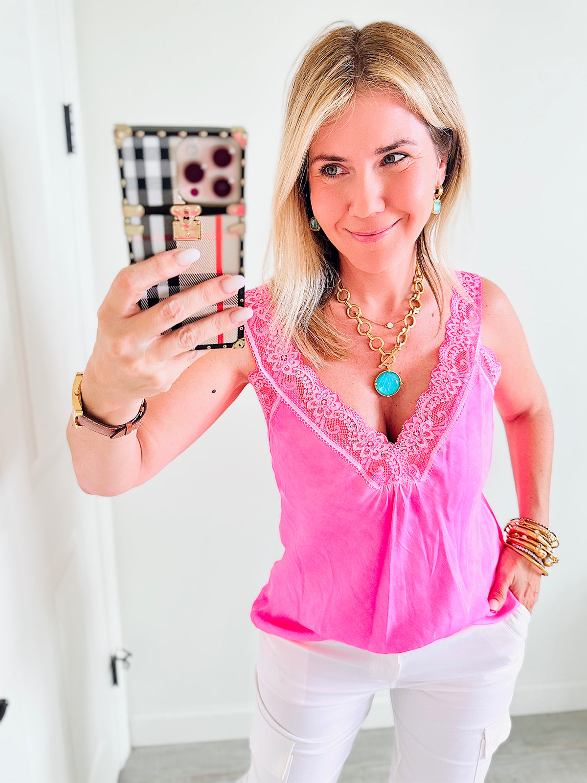 Italian Elegant Lace Trim Cami - Neon Pink-100 Sleeveless Tops-Germany-Coastal Bloom Boutique, find the trendiest versions of the popular styles and looks Located in Indialantic, FL