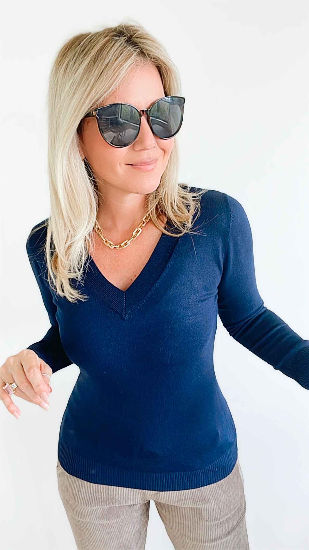 Melissa V Neck Sweater - Navy-130 Long Sleeve Tops-Cielo-Coastal Bloom Boutique, find the trendiest versions of the popular styles and looks Located in Indialantic, FL