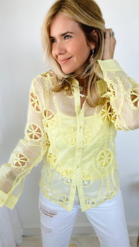 Sunny Days Button Down Crochet Shirt - Yellow-130 Long Sleeve Tops-pastel design-Coastal Bloom Boutique, find the trendiest versions of the popular styles and looks Located in Indialantic, FL