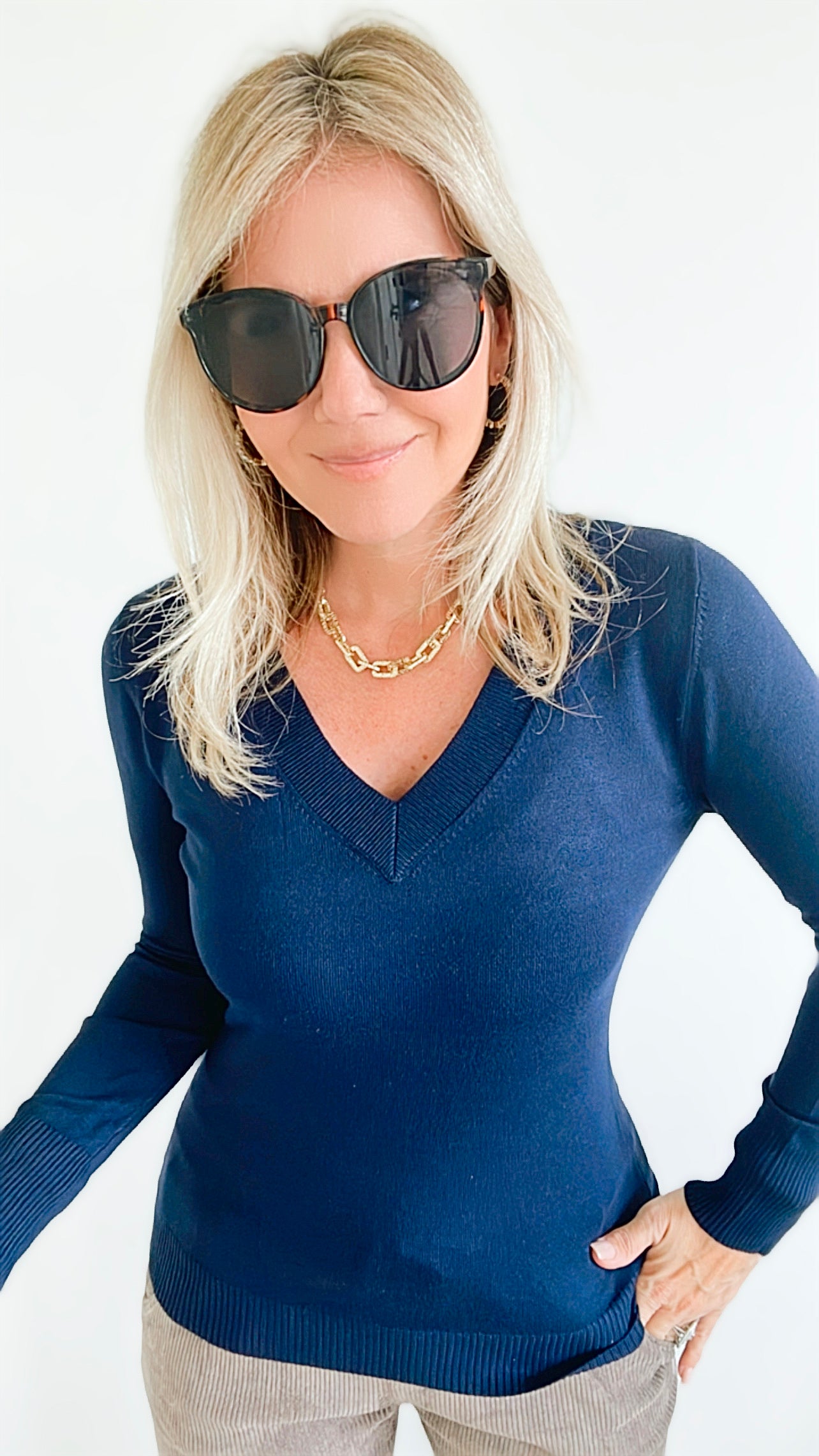 Melissa V Neck Sweater - Navy-130 Long Sleeve Tops-Cielo-Coastal Bloom Boutique, find the trendiest versions of the popular styles and looks Located in Indialantic, FL