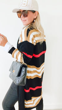 Iconic Striped Long Knitted Cardigan - Black-150 Cardigans/Layers-Germany-Coastal Bloom Boutique, find the trendiest versions of the popular styles and looks Located in Indialantic, FL