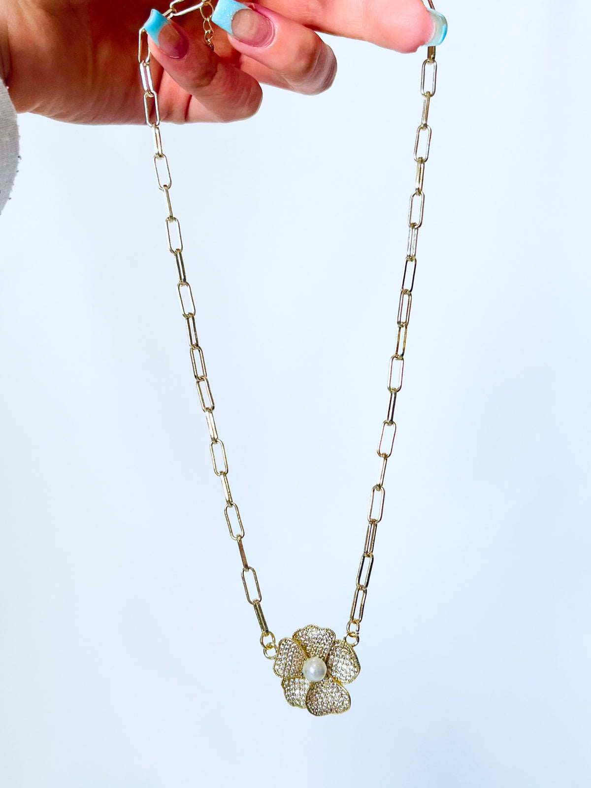 Micropave Pearl Rose Paperclip Necklace-230 Jewelry-NYW-Coastal Bloom Boutique, find the trendiest versions of the popular styles and looks Located in Indialantic, FL