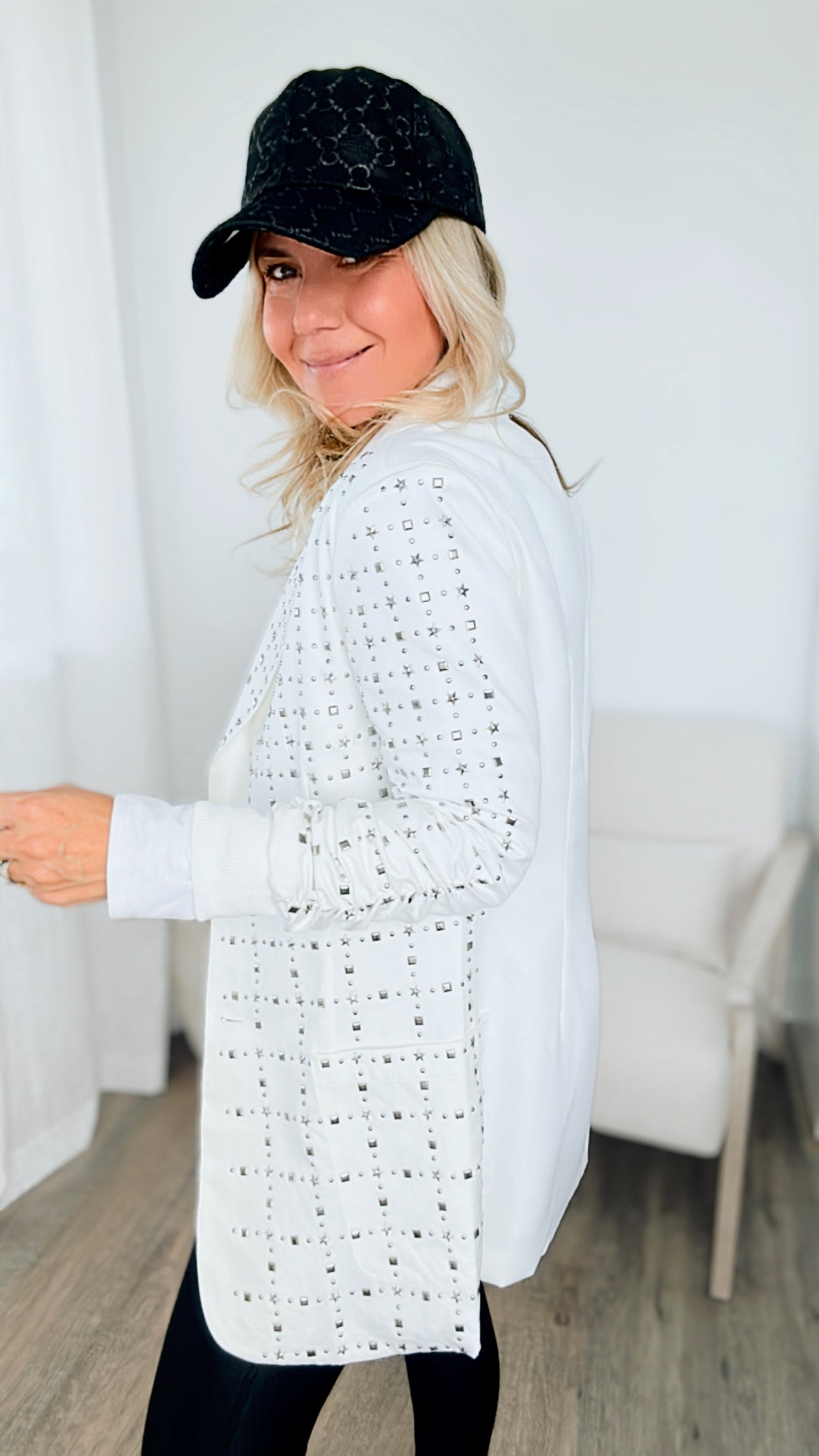Star Studded Blazer - White-150 Cardigans/Layers-Why Dress-Coastal Bloom Boutique, find the trendiest versions of the popular styles and looks Located in Indialantic, FL