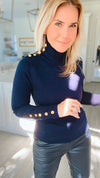Ribbed Turtle Neck Long Sleeve Top w/ Embellished Shoulder- Navy-130 Long Sleeve Tops-CIELO-Coastal Bloom Boutique, find the trendiest versions of the popular styles and looks Located in Indialantic, FL