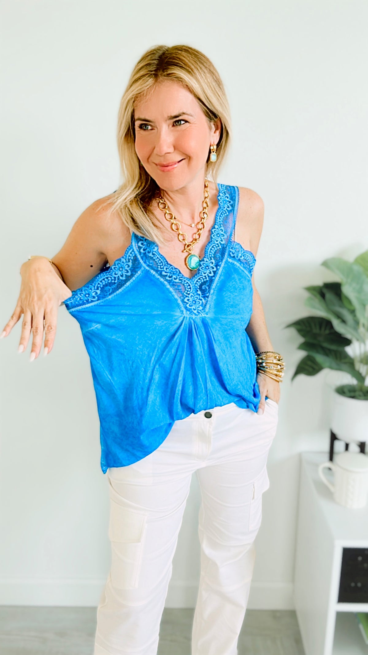 Italian Elegant Lace Trim Cami - Royal Blue-100 Sleeveless Tops-Yolly-Coastal Bloom Boutique, find the trendiest versions of the popular styles and looks Located in Indialantic, FL