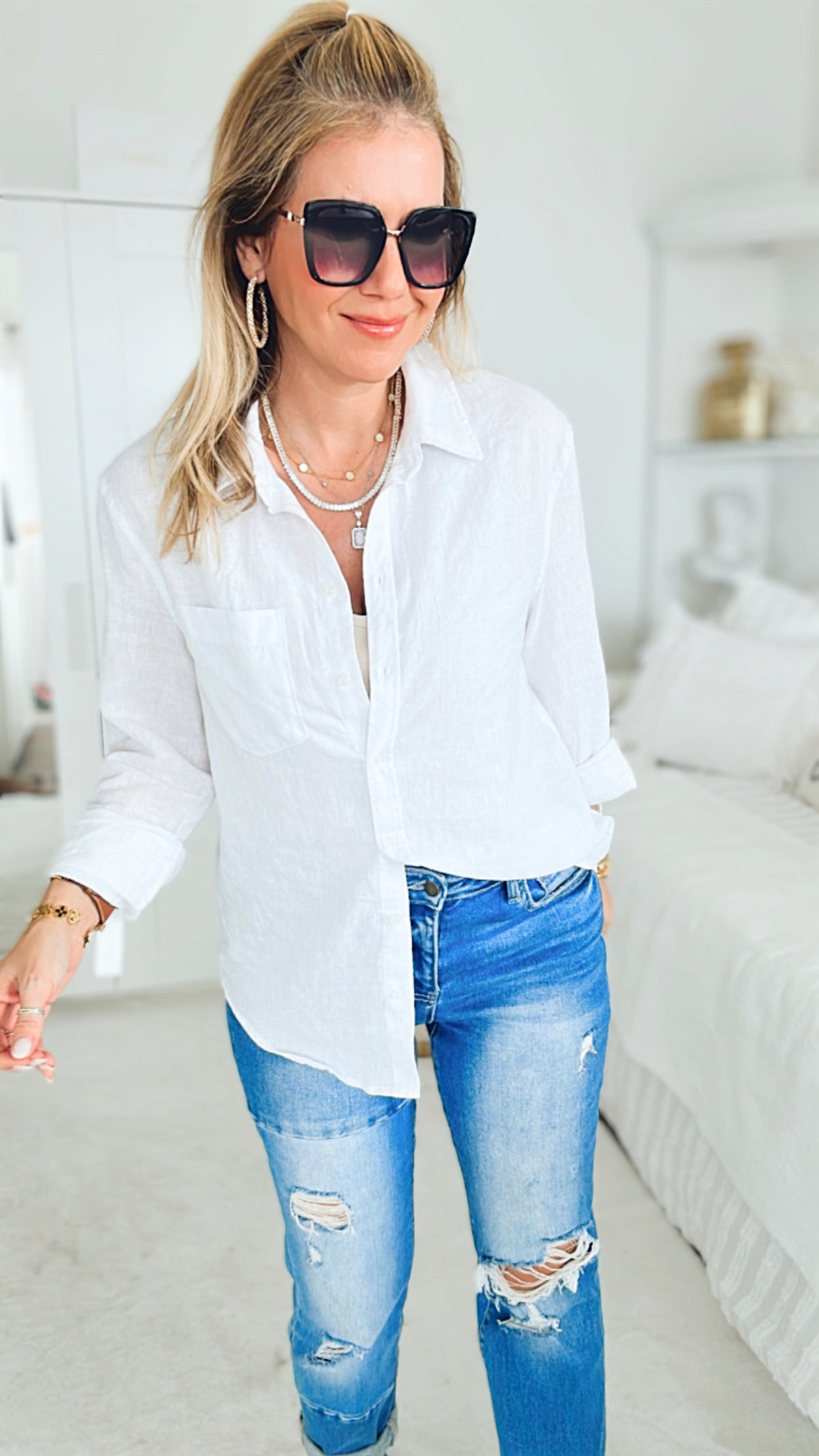 Linen Button Down Top - White-130 Long Sleeve Tops-Love Tree Fashion-Coastal Bloom Boutique, find the trendiest versions of the popular styles and looks Located in Indialantic, FL