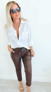 City Lights Faux Leather Italian Jogger - Brown-180 Joggers-Italianissimo/ SEE YOU IN ROME-Coastal Bloom Boutique, find the trendiest versions of the popular styles and looks Located in Indialantic, FL