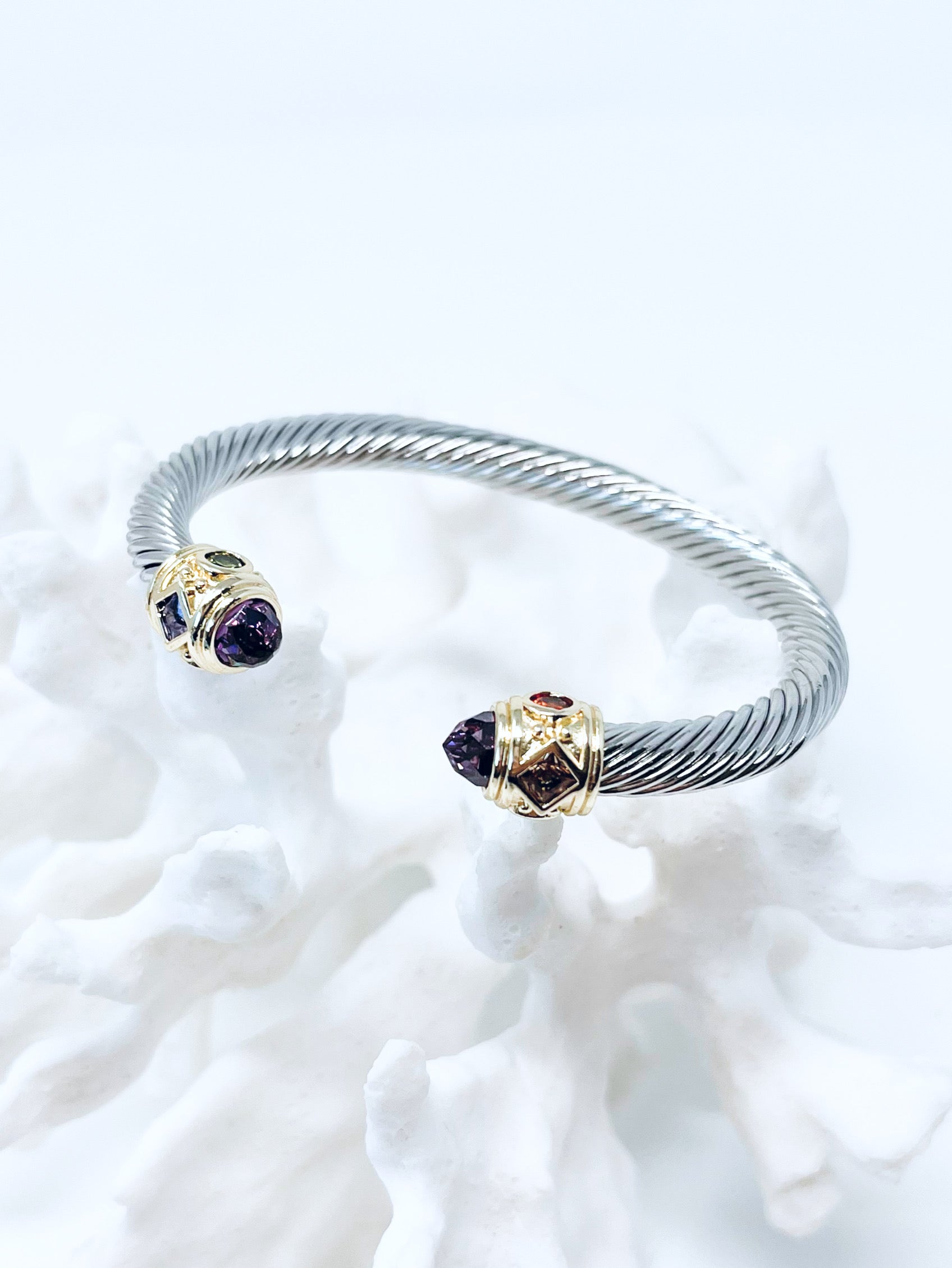 Purple Tip Cable Twist Cuff Bracelet-230 Jewelry-Italian Ice-Coastal Bloom Boutique, find the trendiest versions of the popular styles and looks Located in Indialantic, FL
