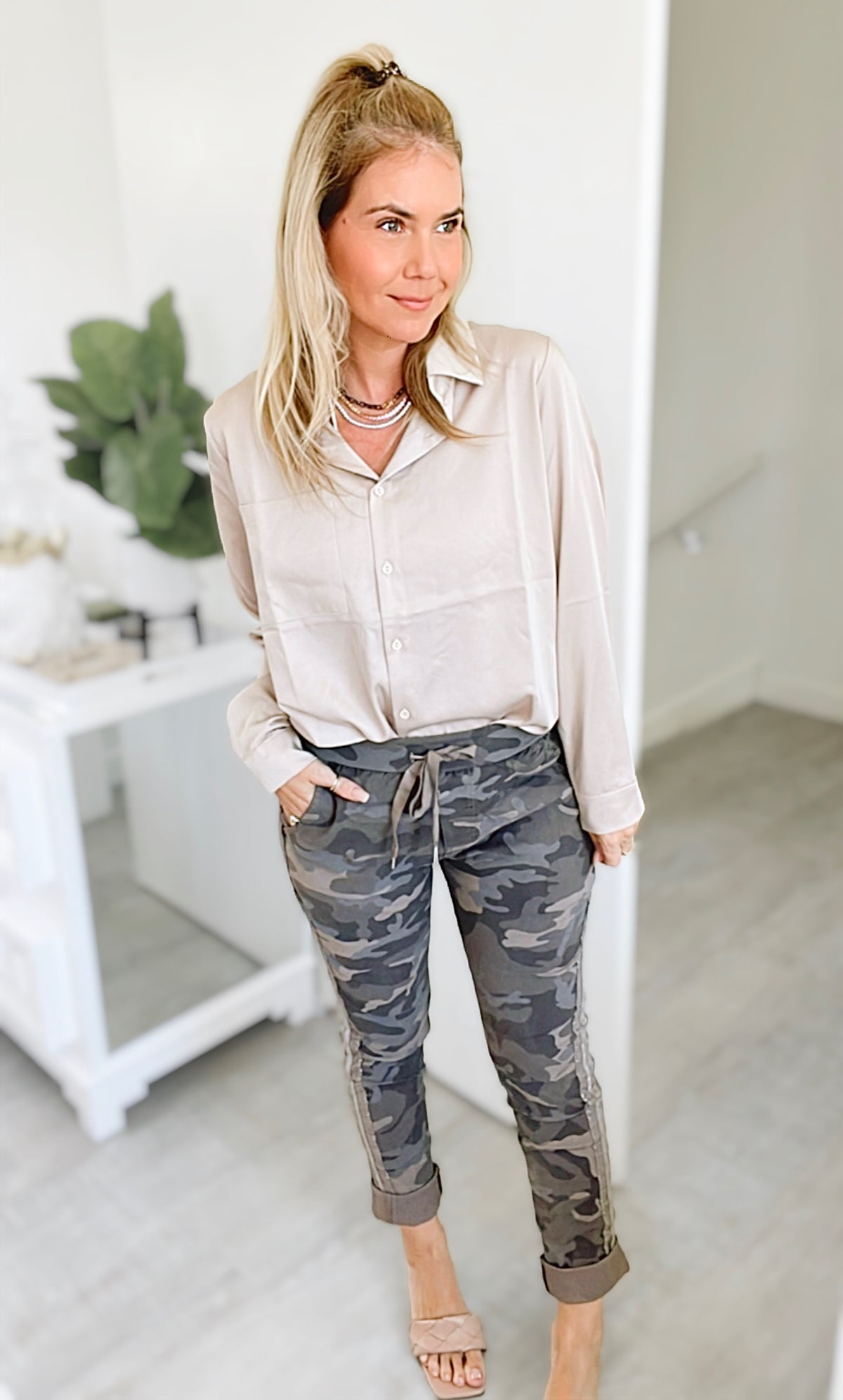 Italian Camo Silver Trim Pants - Taupe-170 Bottoms-Look Mode-Coastal Bloom Boutique, find the trendiest versions of the popular styles and looks Located in Indialantic, FL