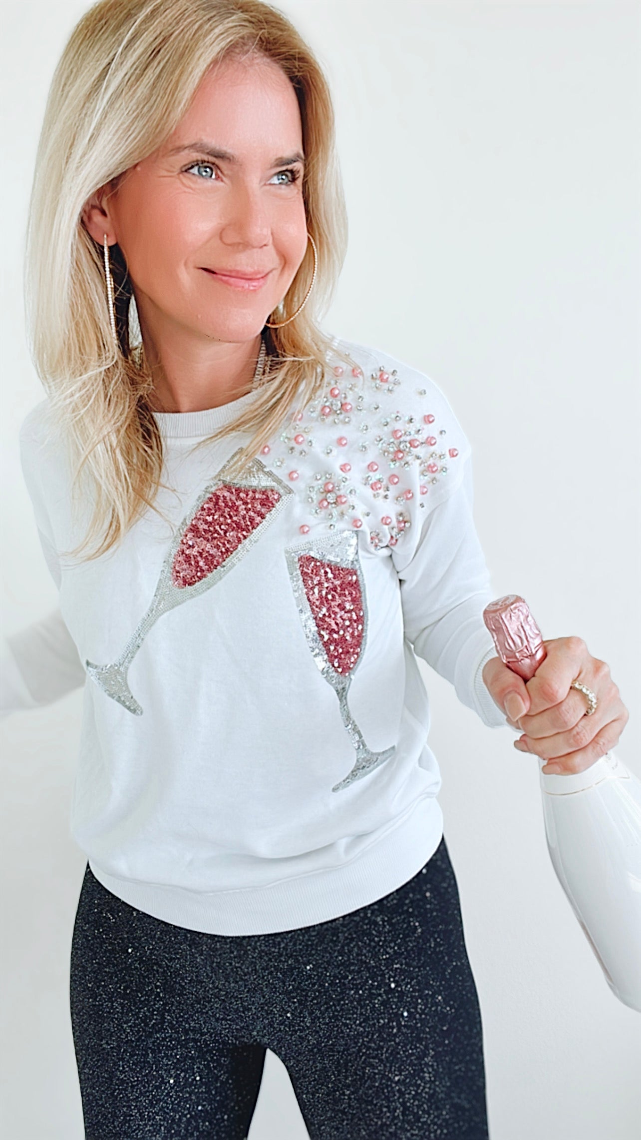 Sequin Champagne Sweatshirt - White-130 Long Sleeve Tops-Why Dress-Coastal Bloom Boutique, find the trendiest versions of the popular styles and looks Located in Indialantic, FL