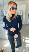 Ribbed Turtle Neck Long Sleeve Top w/ Embellished Shoulder- Navy-130 Long Sleeve Tops-CIELO-Coastal Bloom Boutique, find the trendiest versions of the popular styles and looks Located in Indialantic, FL