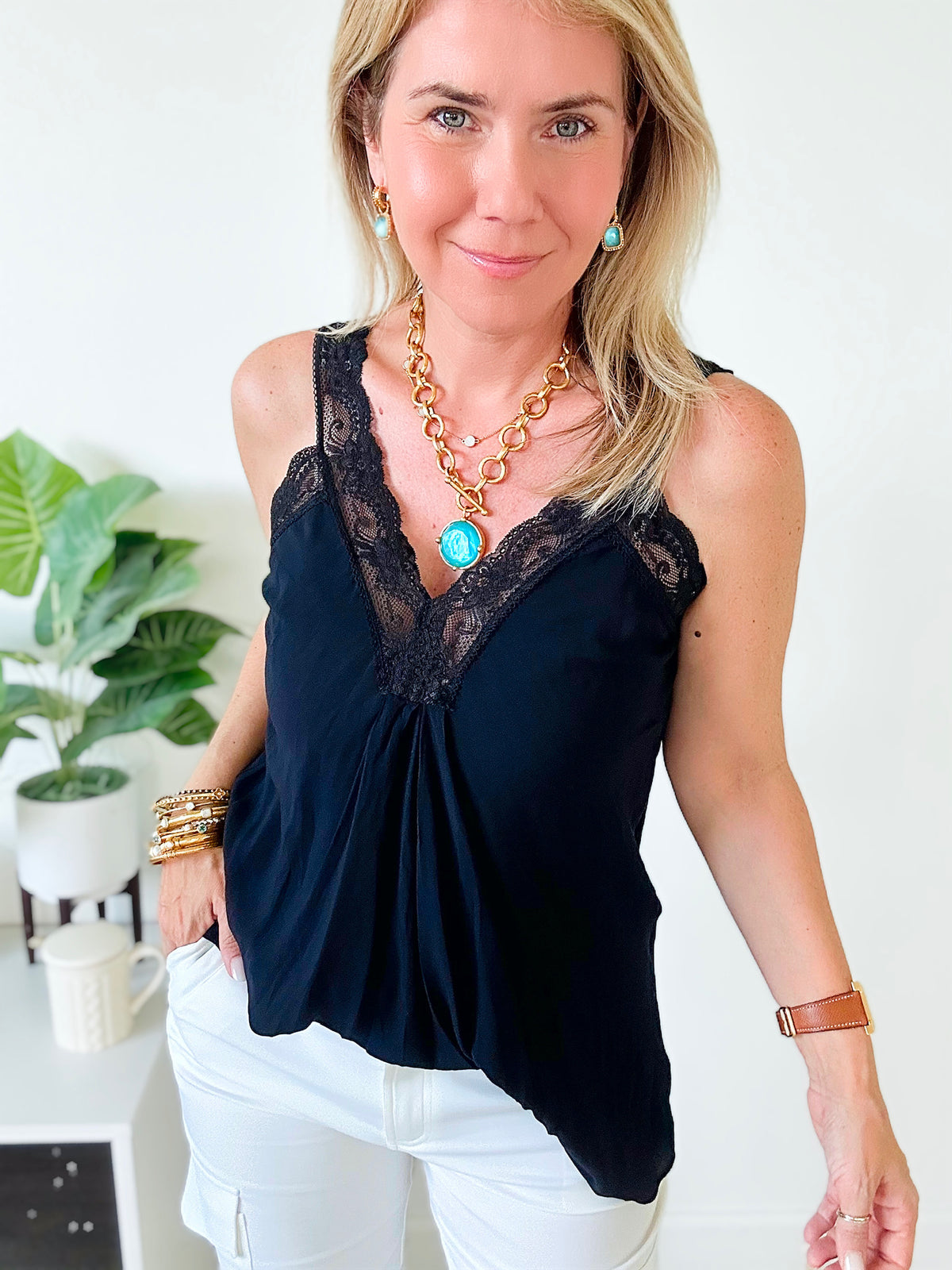 Italian Elegant Lace Trim Cami - Black-100 Sleeveless Tops-Yolly-Coastal Bloom Boutique, find the trendiest versions of the popular styles and looks Located in Indialantic, FL