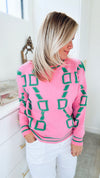 Varsity Crew Neck Sweater - Pink-130 Long Sleeve Tops-Fancy Dream-Coastal Bloom Boutique, find the trendiest versions of the popular styles and looks Located in Indialantic, FL