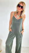 Granada Pleated Jumpsuit - Olive-200 Dresses/Jumpsuits/Rompers-DRESS DAY-Coastal Bloom Boutique, find the trendiest versions of the popular styles and looks Located in Indialantic, FL
