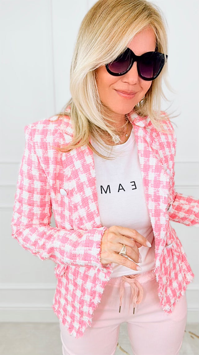 Frayed Edge Plaid Tweed Blazer - Pink-160 Jackets-Main Strip-Coastal Bloom Boutique, find the trendiest versions of the popular styles and looks Located in Indialantic, FL