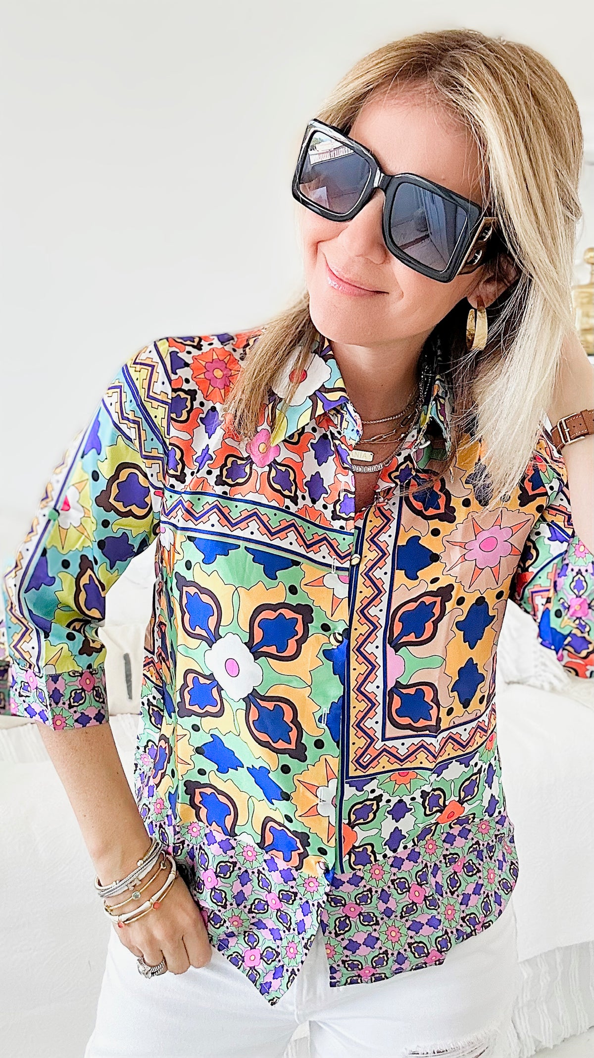 Forever Groovy Button Down Shirt-130 Long Sleeve Tops-pastel design-Coastal Bloom Boutique, find the trendiest versions of the popular styles and looks Located in Indialantic, FL