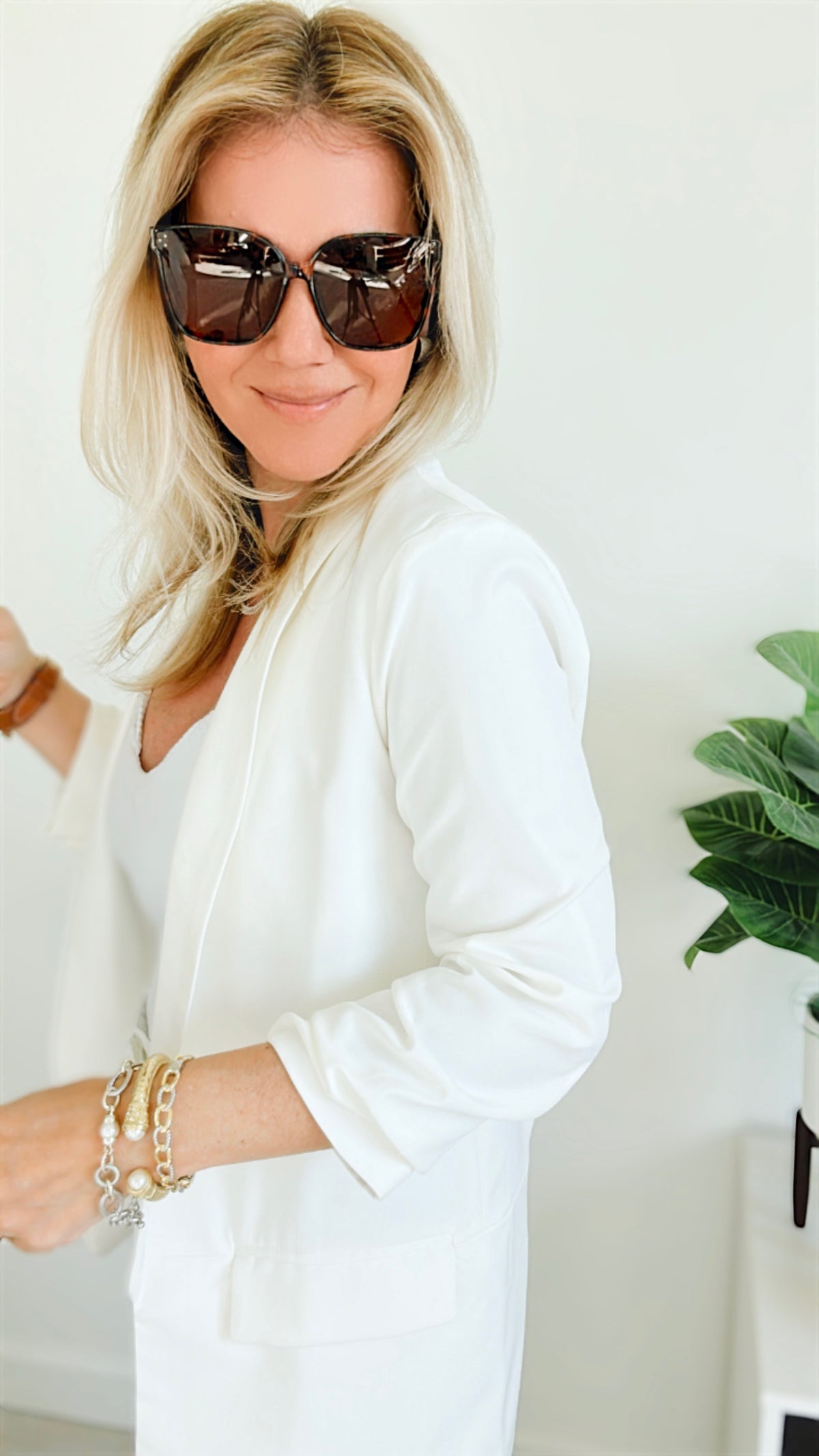 Bling Queen Ruched Sleeve Blazer- White-160 Jackets-Moving Forward Designs-Coastal Bloom Boutique, find the trendiest versions of the popular styles and looks Located in Indialantic, FL