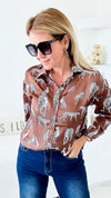 Wild Printed Button Down Blouse - Mocha-130 Long Sleeve Tops-MAZIK-Coastal Bloom Boutique, find the trendiest versions of the popular styles and looks Located in Indialantic, FL