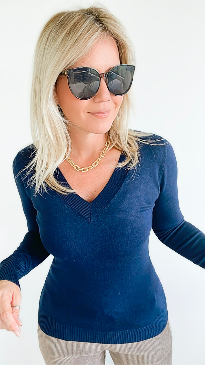 Melissa V Neck Sweater - Navy-130 Long Sleeve Tops-Cielo-Coastal Bloom Boutique, find the trendiest versions of the popular styles and looks Located in Indialantic, FL