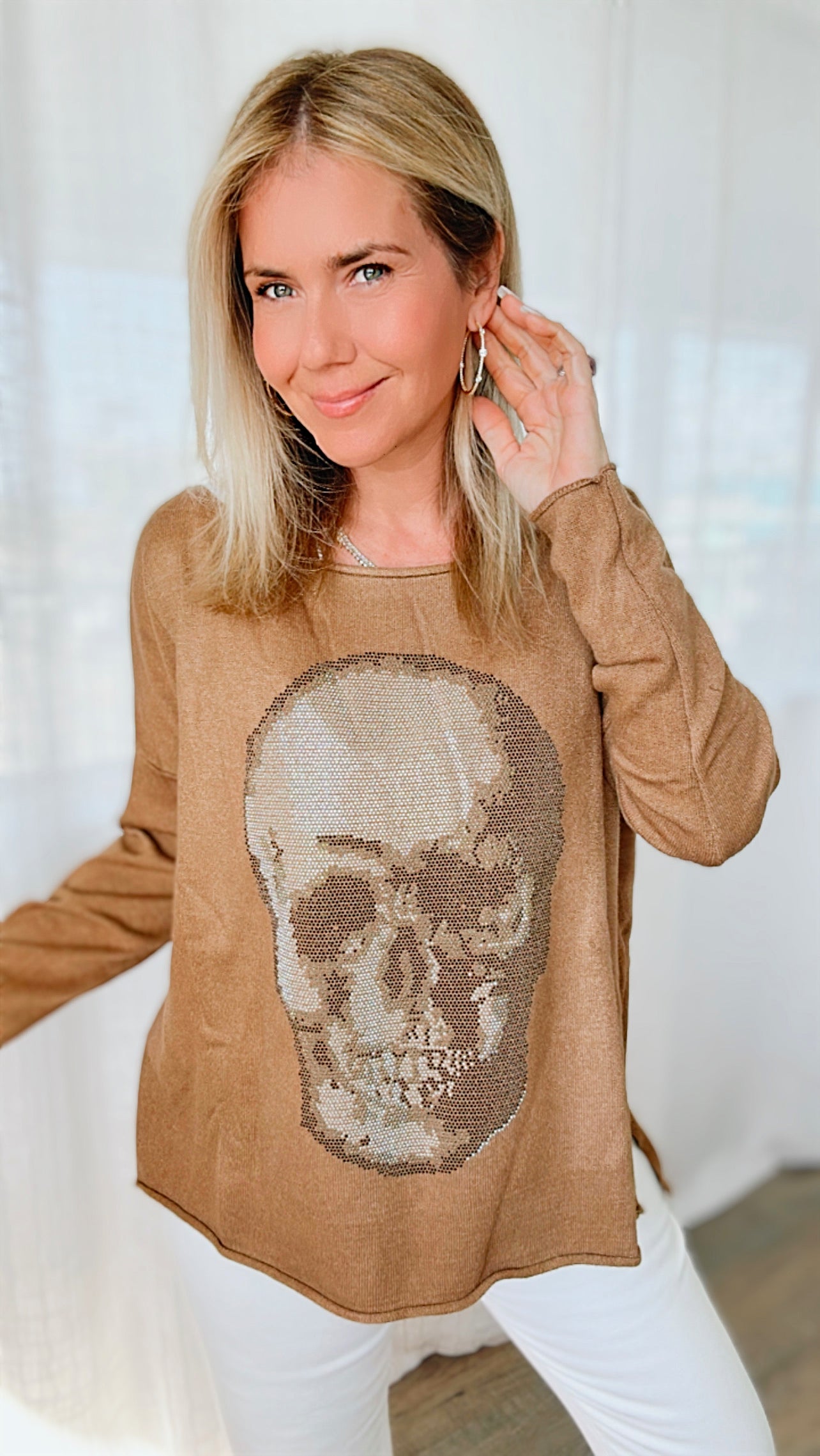 Italian Boatneck Skull Sweater Top - Camel-140 Sweaters-Venti6-Coastal Bloom Boutique, find the trendiest versions of the popular styles and looks Located in Indialantic, FL