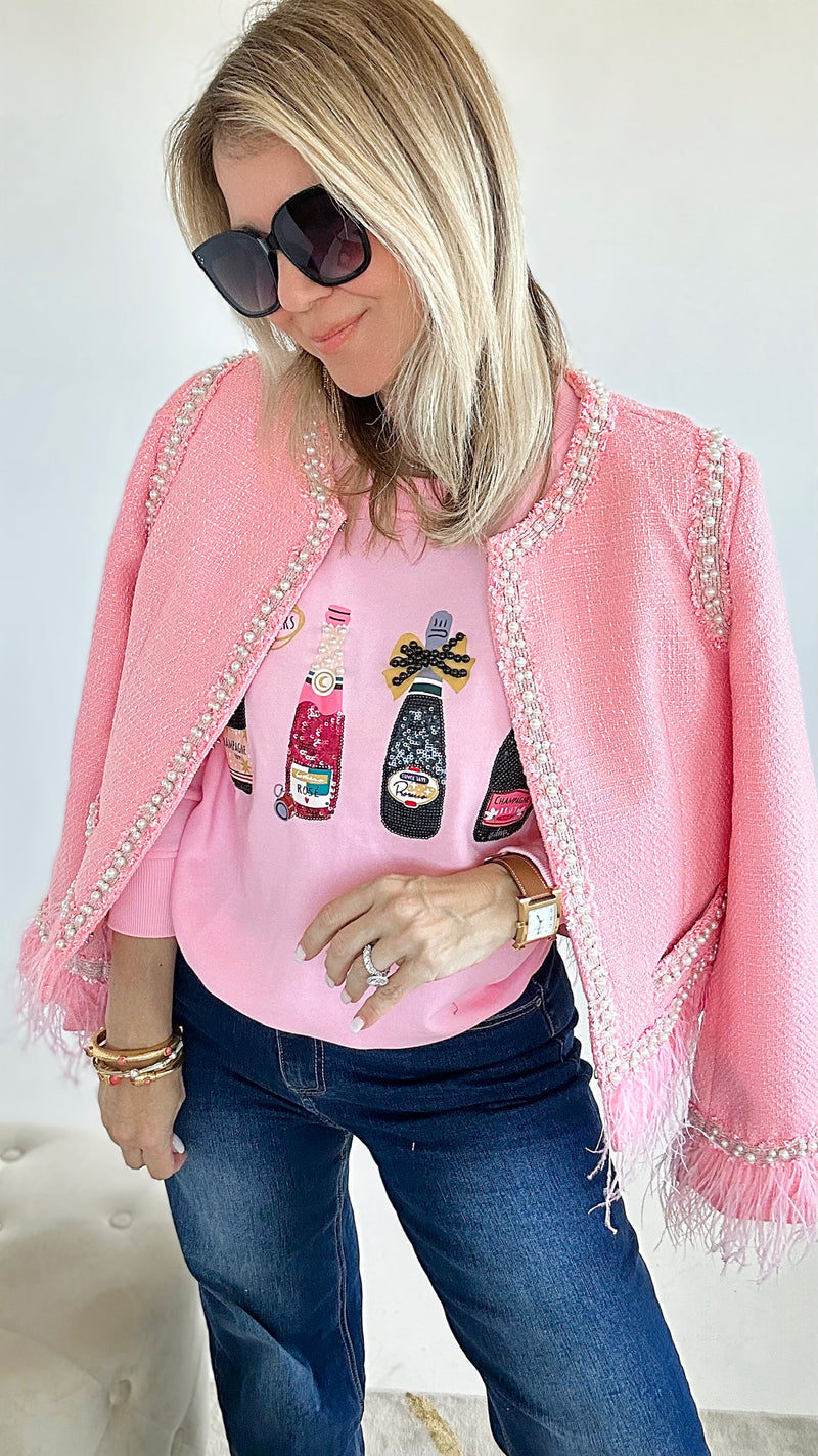 Champagne Obsessed Sweatshirt - Pink-130 Long Sleeve Tops-Why Dress-Coastal Bloom Boutique, find the trendiest versions of the popular styles and looks Located in Indialantic, FL