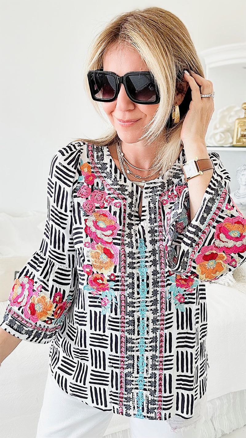 Embroidered Tunic Top-130 Long Sleeve Tops-Andree By Unit-Coastal Bloom Boutique, find the trendiest versions of the popular styles and looks Located in Indialantic, FL