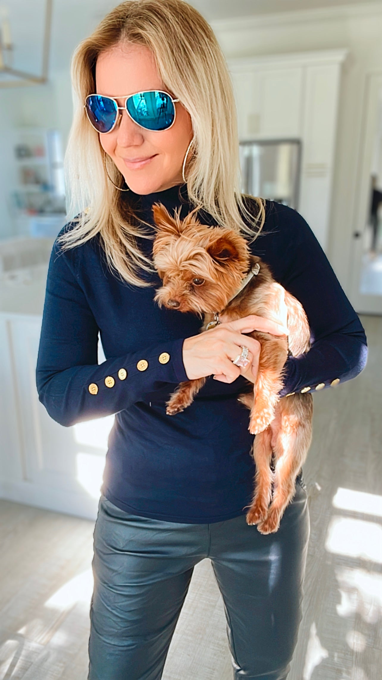 Ribbed Turtle Neck Long Sleeve Top w/ Embellished Shoulder- Navy-130 Long Sleeve Tops-CIELO-Coastal Bloom Boutique, find the trendiest versions of the popular styles and looks Located in Indialantic, FL