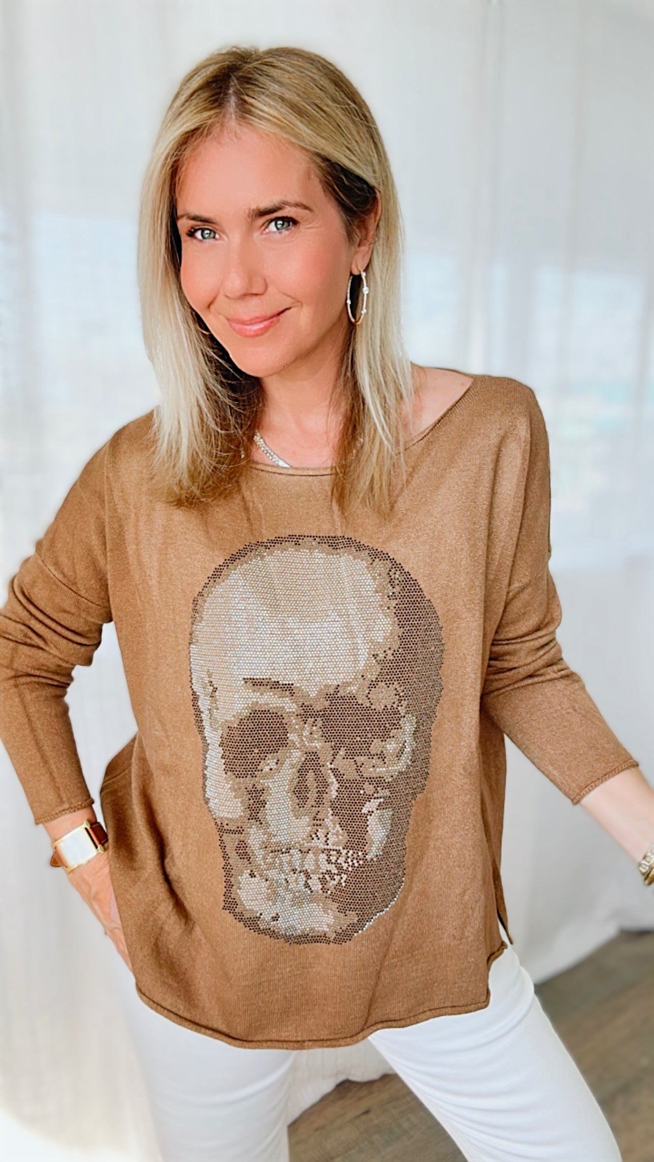 Italian Boatneck Skull Sweater Top - Camel-140 Sweaters-Venti6-Coastal Bloom Boutique, find the trendiest versions of the popular styles and looks Located in Indialantic, FL