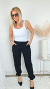 Ruched Band Italian Cargo Joggers - Black-170 Bottoms-Yolly-Coastal Bloom Boutique, find the trendiest versions of the popular styles and looks Located in Indialantic, FL