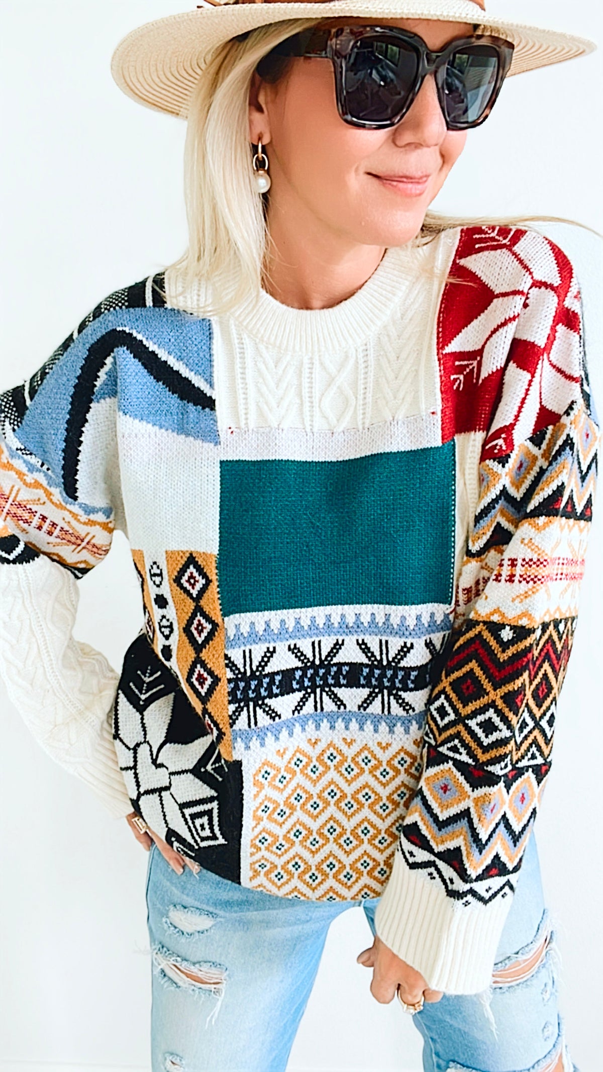 Patchwork Nordic Crewneck Sweater-POL-Coastal Bloom Boutique, find the trendiest versions of the popular styles and looks Located in Indialantic, FL