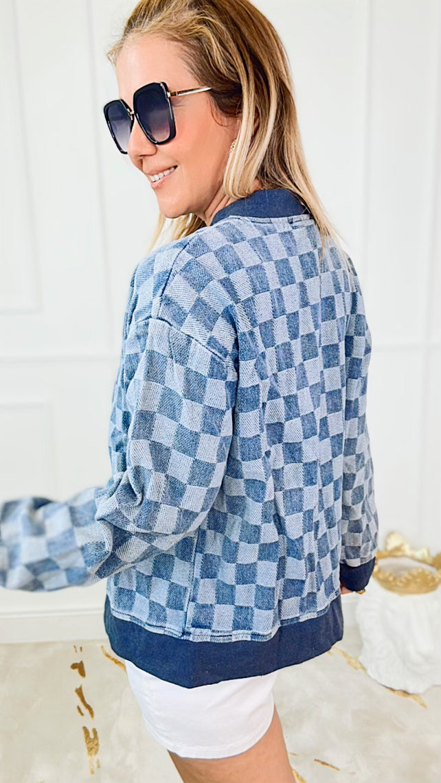 Checkered Denim Jacket-160 Jackets-MAZIK-Coastal Bloom Boutique, find the trendiest versions of the popular styles and looks Located in Indialantic, FL