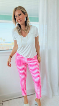 Cropped Gingham Leggings - Hot Pink-170 Bottoms-ARYEH-Coastal Bloom Boutique, find the trendiest versions of the popular styles and looks Located in Indialantic, FL
