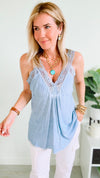 Italian Elegant Lace Trim Cami - Dusty Blue-100 Sleeveless Tops-Italianissimo-Coastal Bloom Boutique, find the trendiest versions of the popular styles and looks Located in Indialantic, FL