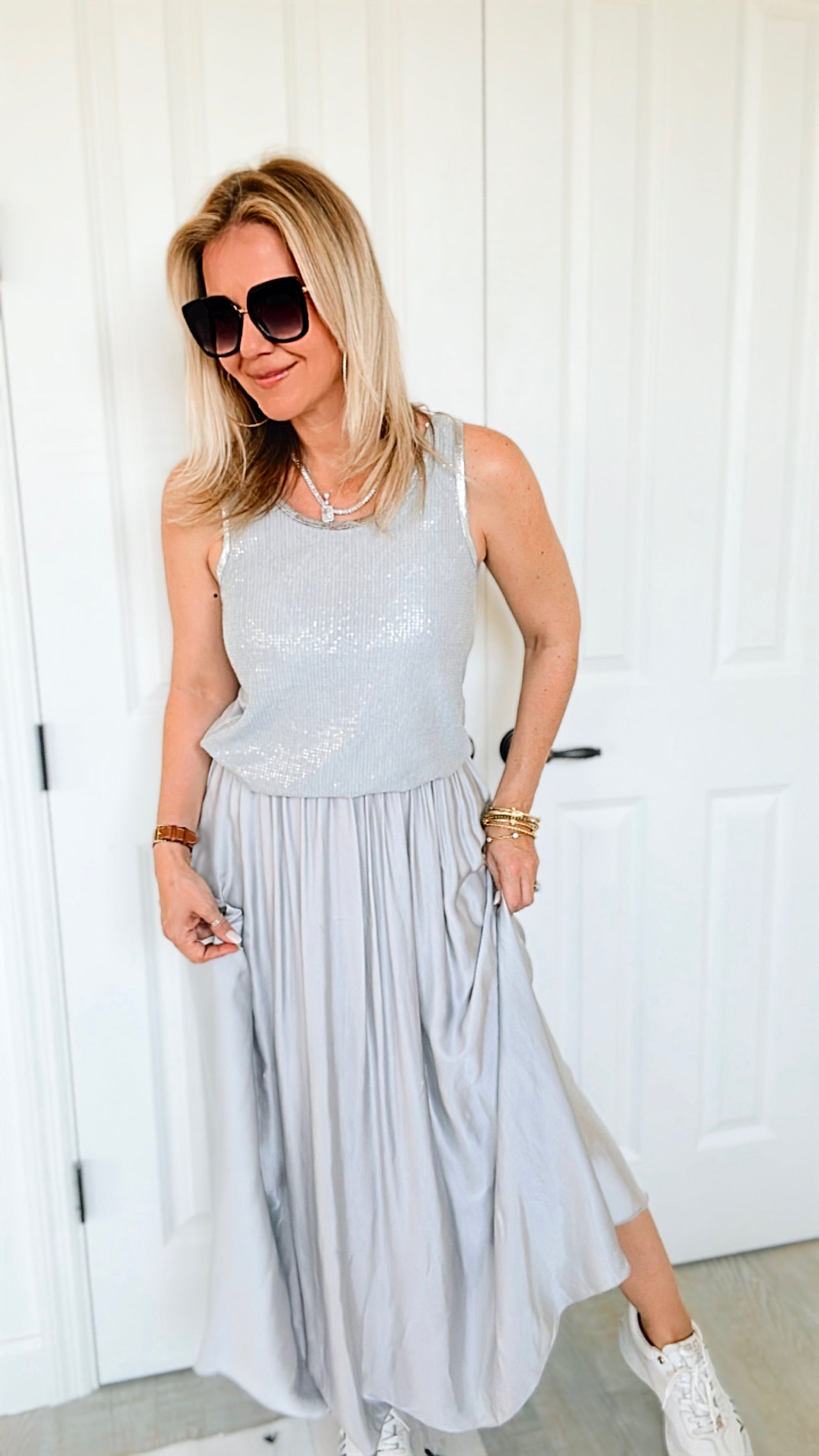 Silky Flowy Italian Skirt - Silver-170 Bottoms-Tempo-Coastal Bloom Boutique, find the trendiest versions of the popular styles and looks Located in Indialantic, FL