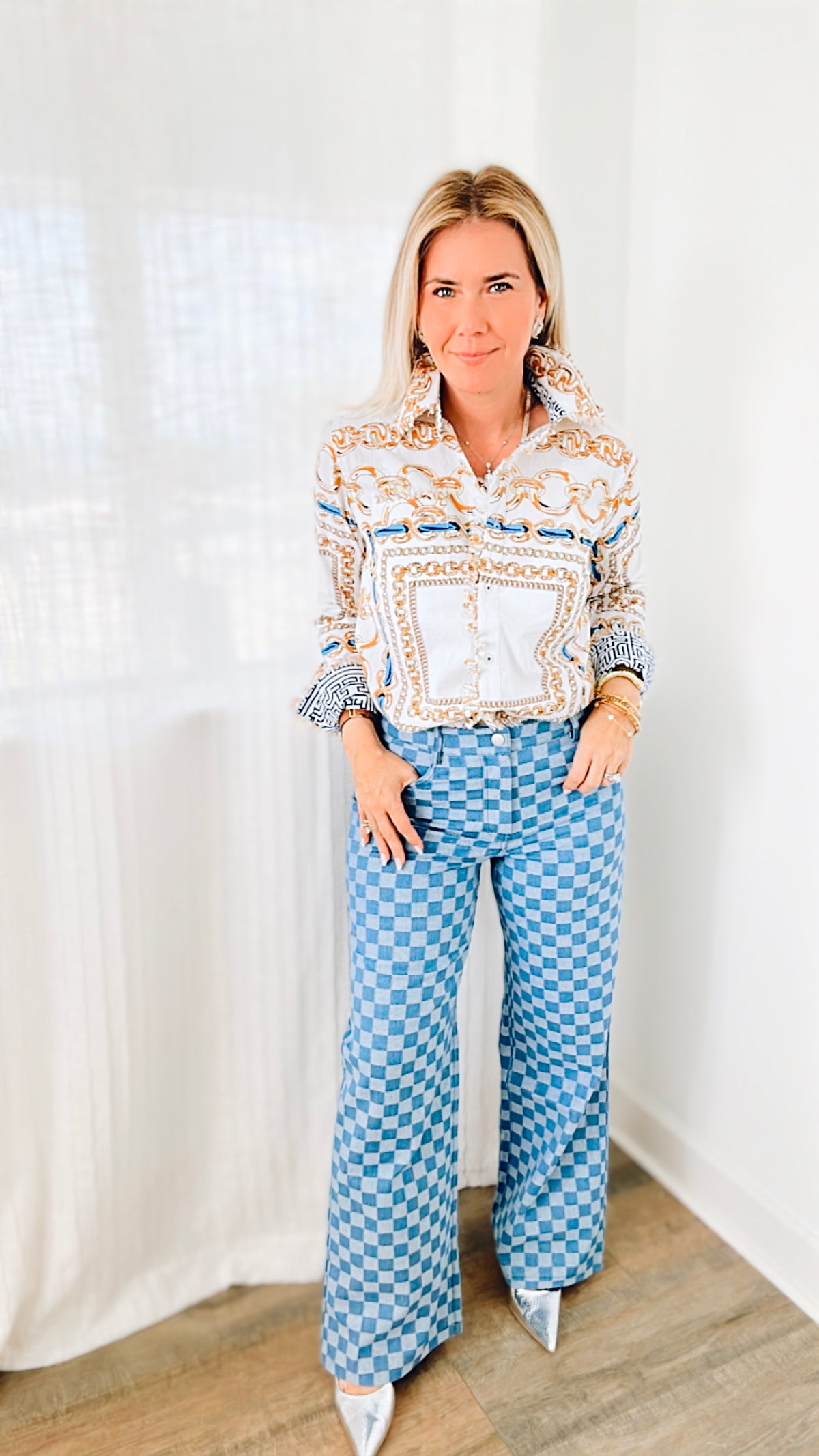 Checkered Denim Pants - Blue-170 Bottoms-RagCompany-Coastal Bloom Boutique, find the trendiest versions of the popular styles and looks Located in Indialantic, FL