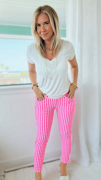 Cropped Gingham Leggings - Hot Pink-170 Bottoms-ARYEH-Coastal Bloom Boutique, find the trendiest versions of the popular styles and looks Located in Indialantic, FL