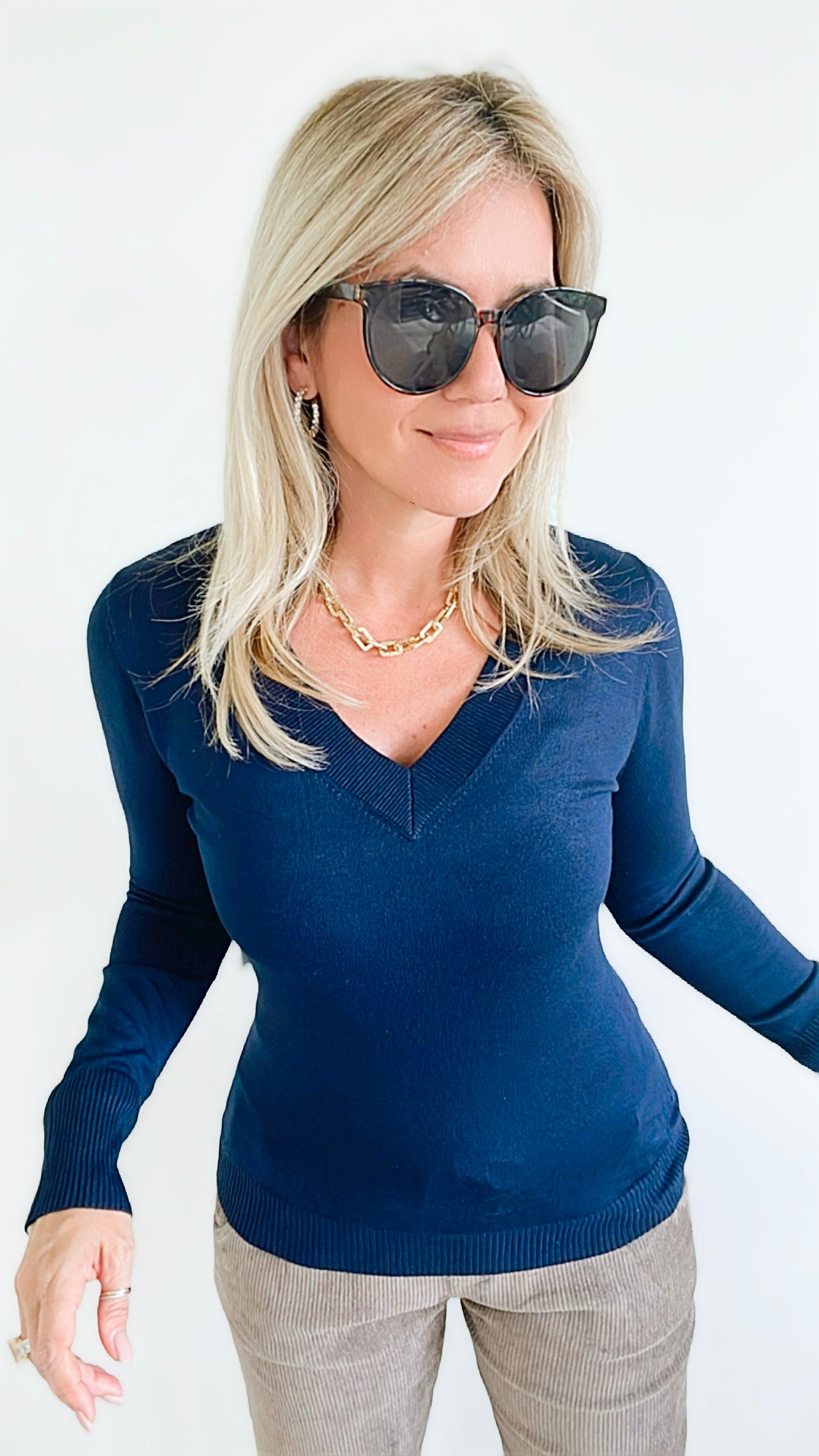 Melissa V Neck Sweater - Navy-130 Long Sleeve Tops-Cielo-Coastal Bloom Boutique, find the trendiest versions of the popular styles and looks Located in Indialantic, FL