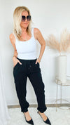 Ruched Band Italian Cargo Joggers - Black-170 Bottoms-Germany-Coastal Bloom Boutique, find the trendiest versions of the popular styles and looks Located in Indialantic, FL