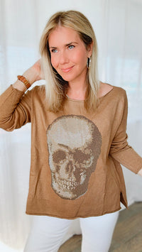 Italian Boatneck Skull Sweater Top - Camel-140 Sweaters-Venti6-Coastal Bloom Boutique, find the trendiest versions of the popular styles and looks Located in Indialantic, FL