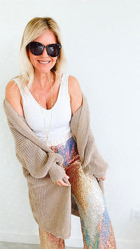 Sugar High Long Italian Cardigan - Taupe-150 Cardigans/Layers-Italianissimo-Coastal Bloom Boutique, find the trendiest versions of the popular styles and looks Located in Indialantic, FL